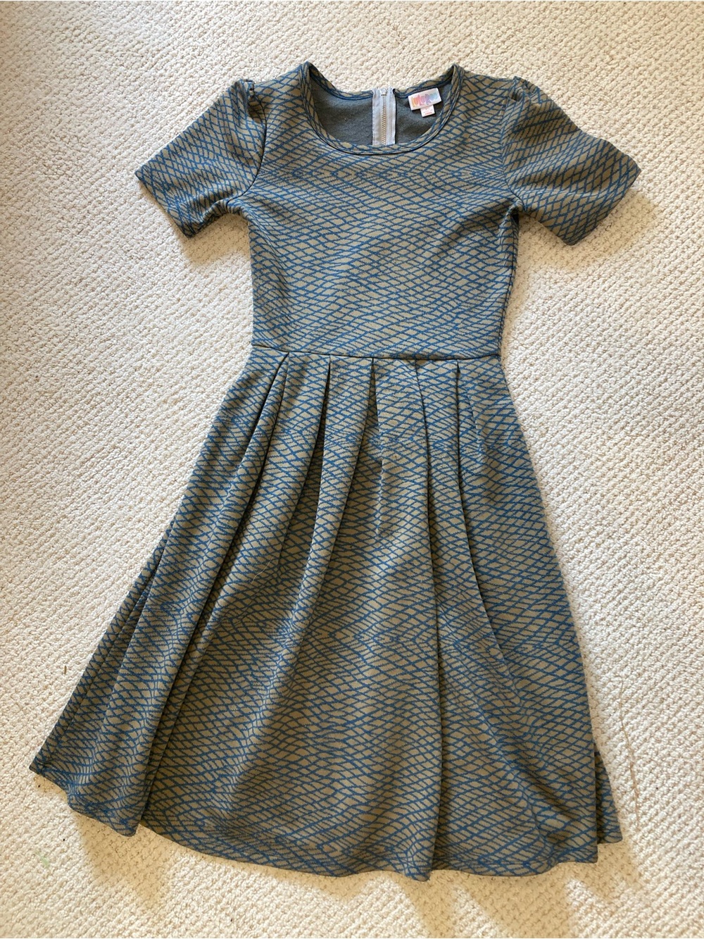 LuLaRoe Amelia XS Olive & Blue Textured Geometric Dress Fit Flare EUC